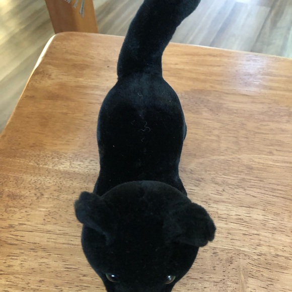 Like New Small Plush Black Cat Stuffed Animal with Bow and Curled Tail - Picture 3 of 5